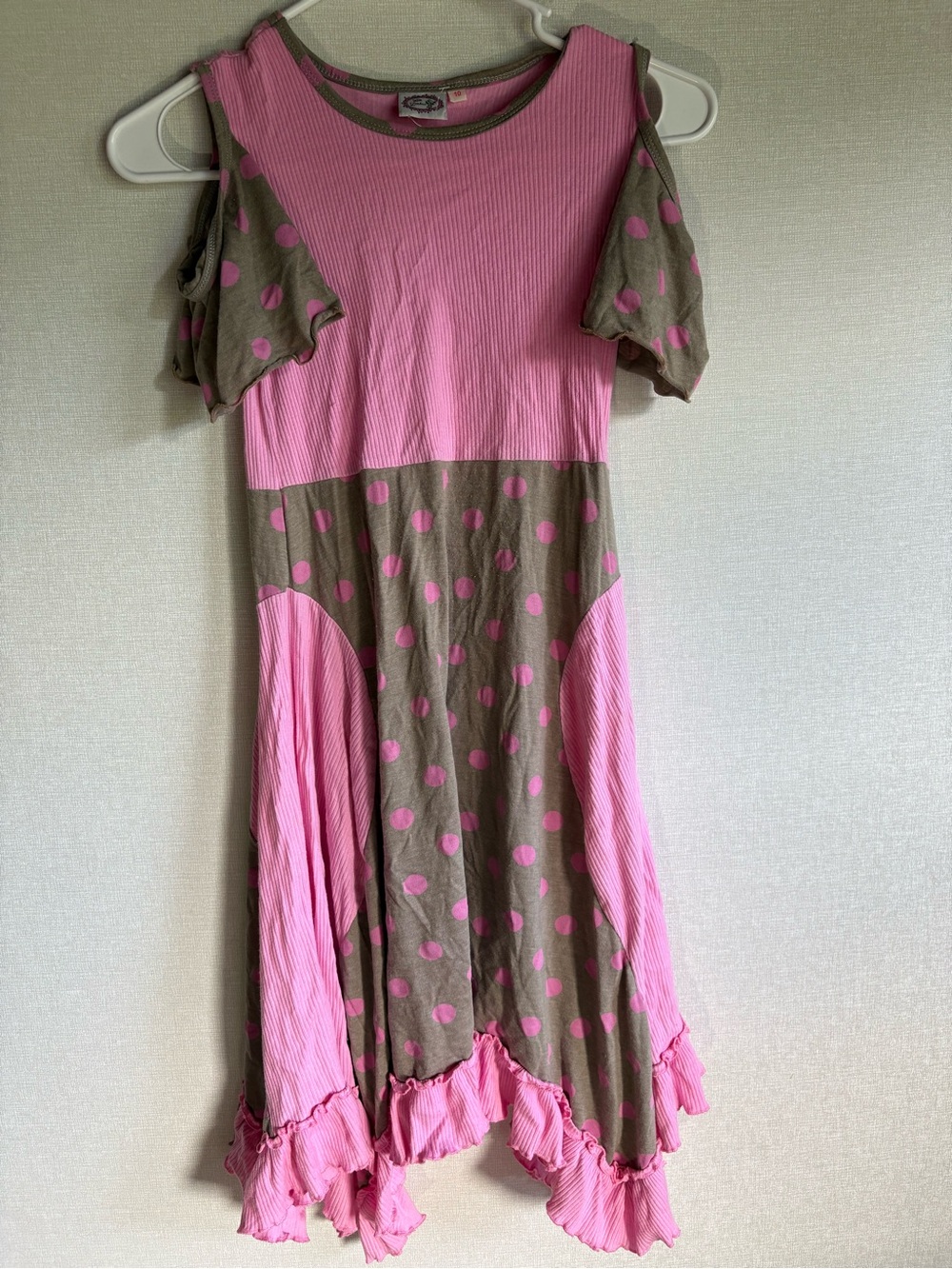 Kids Pink & Brown Polka Dot Cold-Shoulder Dress